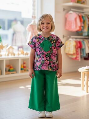 Mama luma girls boutique Green Floral Peplum Top with Matching Wide-Leg Pants
